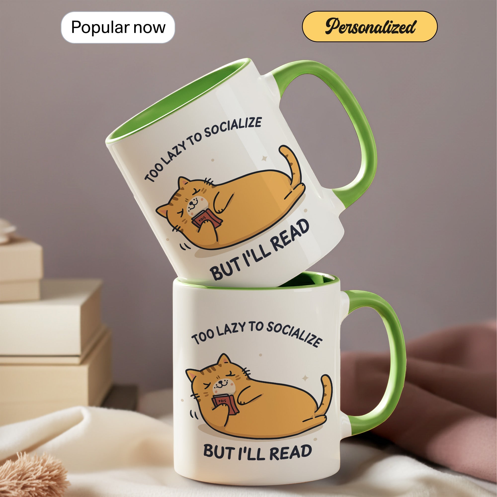 Too Lazy To Socialize But I’ll Read Mug – Funny Cat Lover Book Mug – Introvert Reader Coffee Cup – 11oz 15oz Ringer | Mug 130