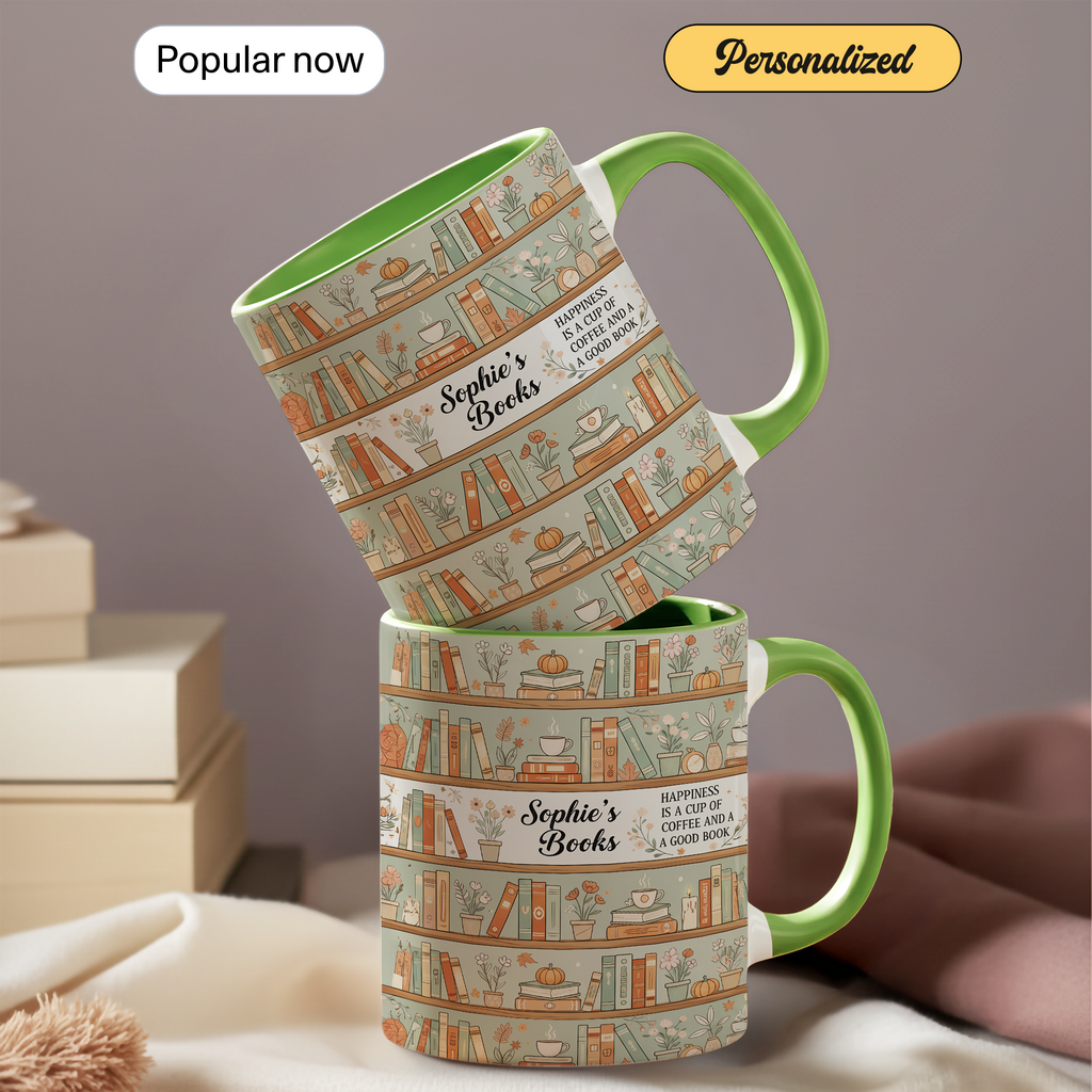 Personalized Book Lover Mug – Custom Name Bookshelf Coffee Cup – Happiness Is Coffee and a Good Book – 11oz 15oz Ringer Mug |Mug 123