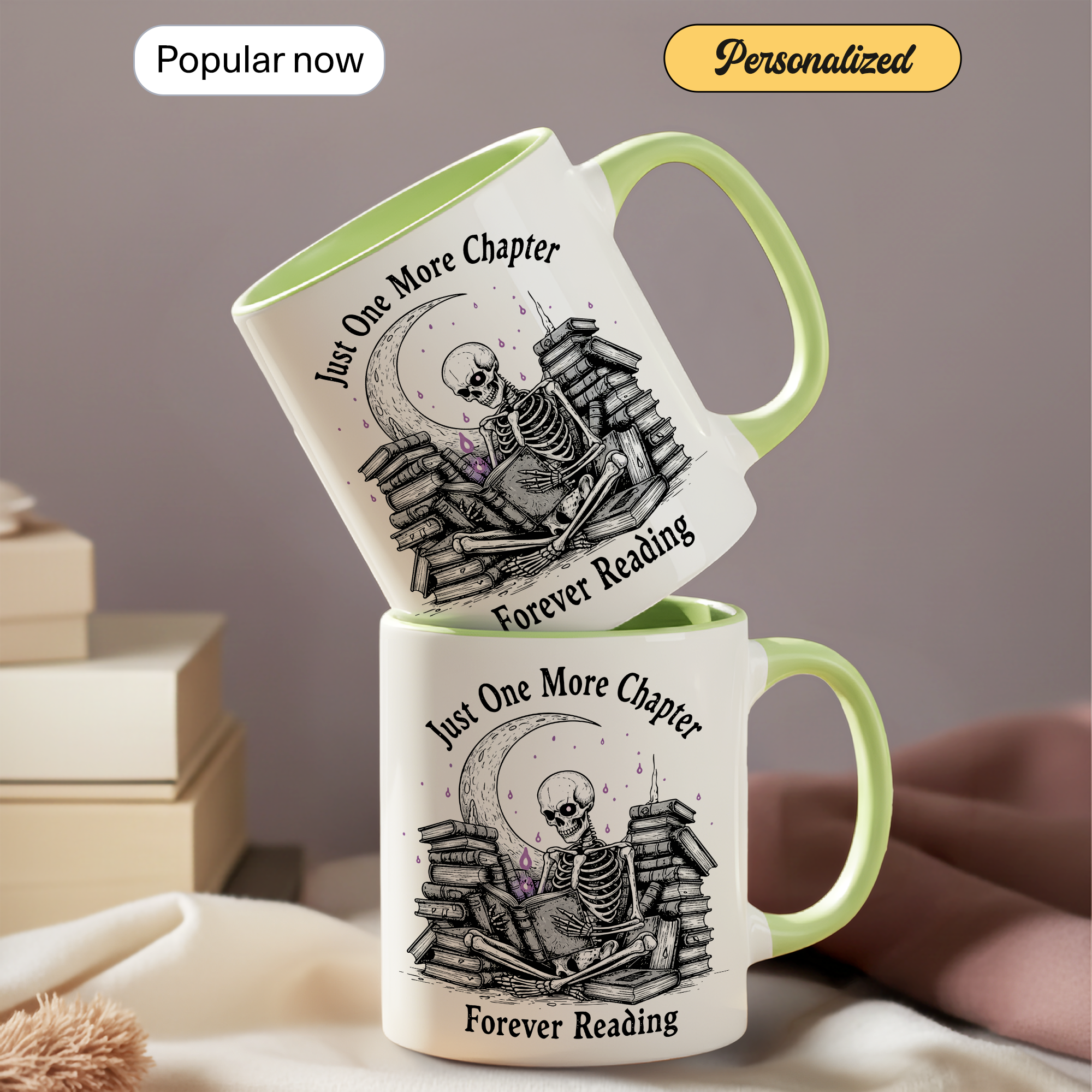 Just One More Chapter Mug – Forever Reading Skeleton Mug – Gothic Book Lover Gift – Dark Humor Reader Coffee Cup 11oz 15oz | Mug 117