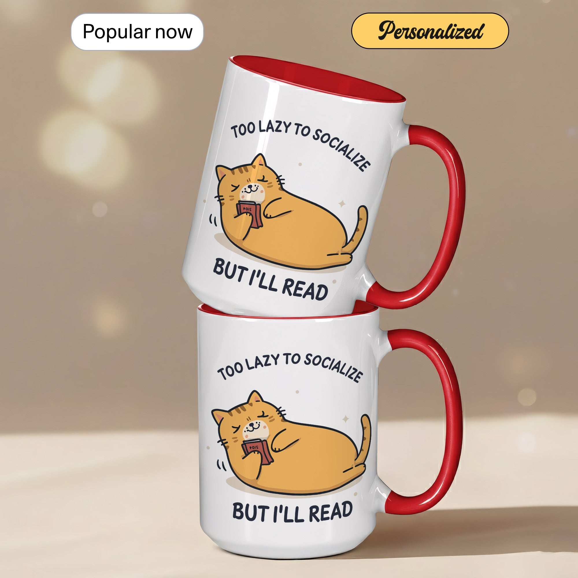 Too Lazy To Socialize But I’ll Read Mug – Funny Cat Lover Book Mug – Introvert Reader Coffee Cup – 11oz 15oz Ringer | Mug 130