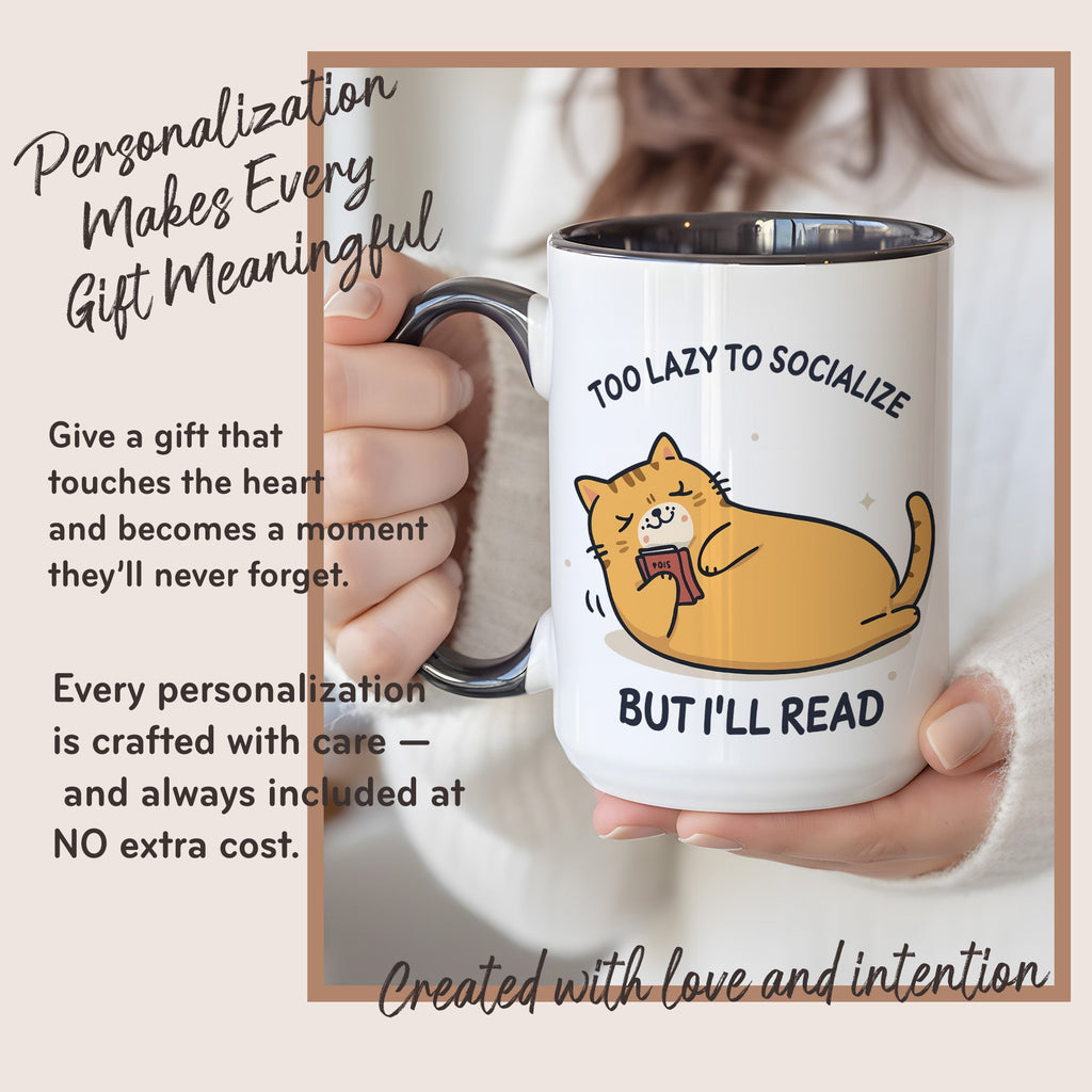 Too Lazy To Socialize But I’ll Read Mug – Funny Cat Lover Book Mug – Introvert Reader Coffee Cup – 11oz 15oz Ringer | Mug 130