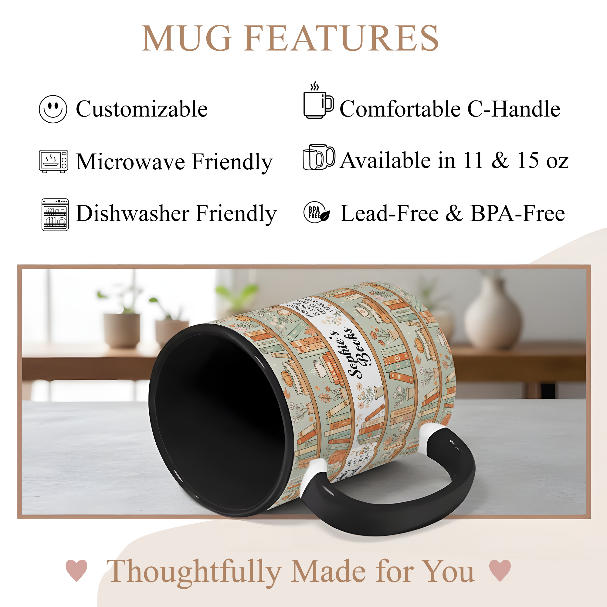 Personalized Book Lover Mug – Custom Name Bookshelf Coffee Cup – Happiness Is Coffee and a Good Book – 11oz 15oz Ringer Mug |Mug 123