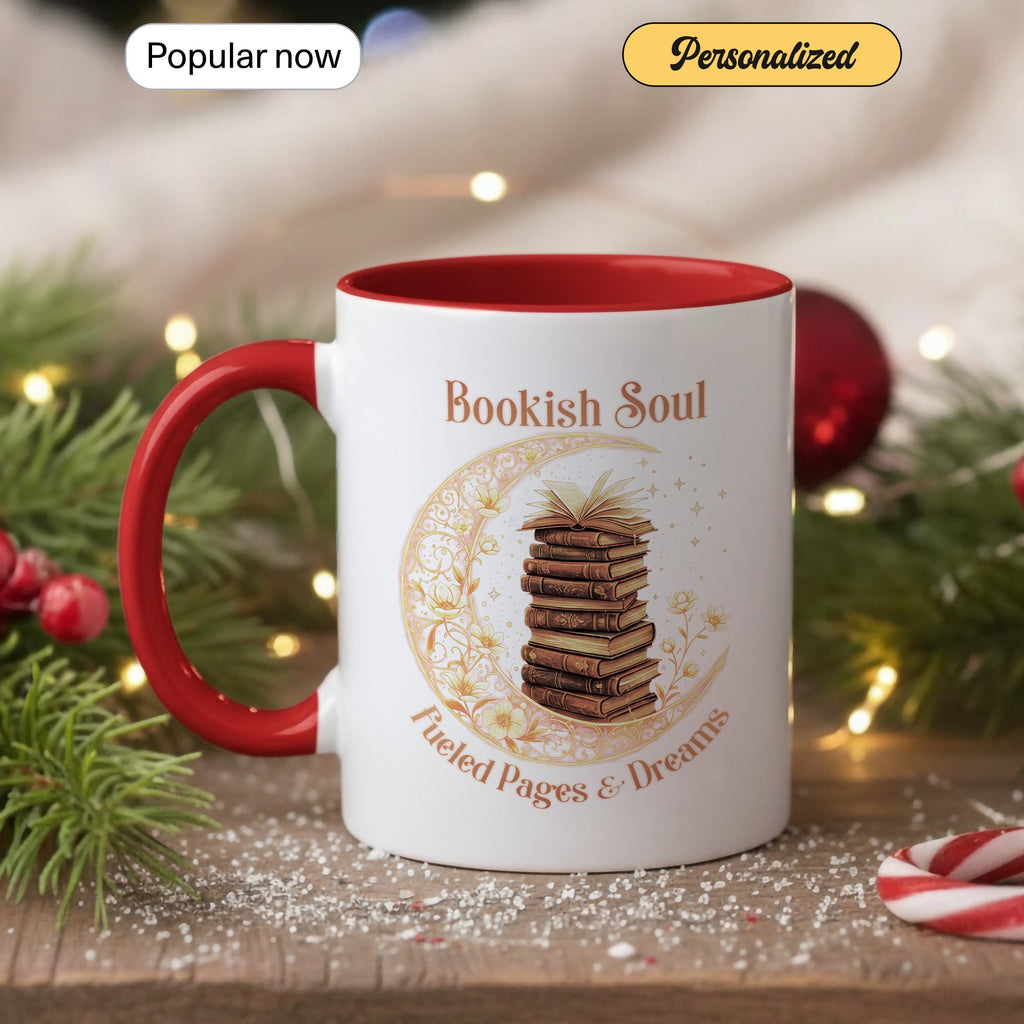 Bookish Soul Mug – Stacked Books Coffee Cup – Literary Aesthetic Gift – Reader Mug 11oz 15oz Ringer | Muug 140