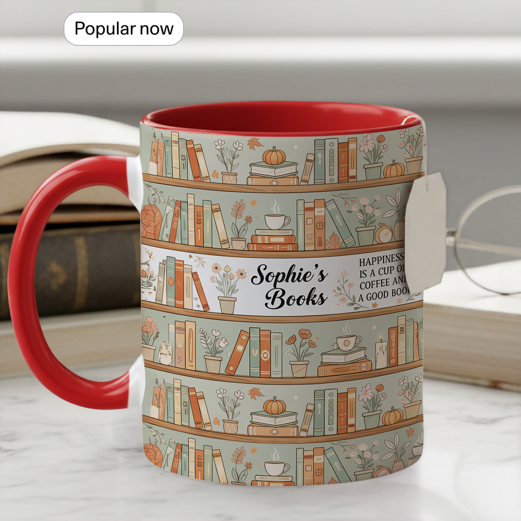 Personalized Book Lover Mug – Custom Name Bookshelf Coffee Cup – Happiness Is Coffee and a Good Book – 11oz 15oz Ringer Mug |Mug 123