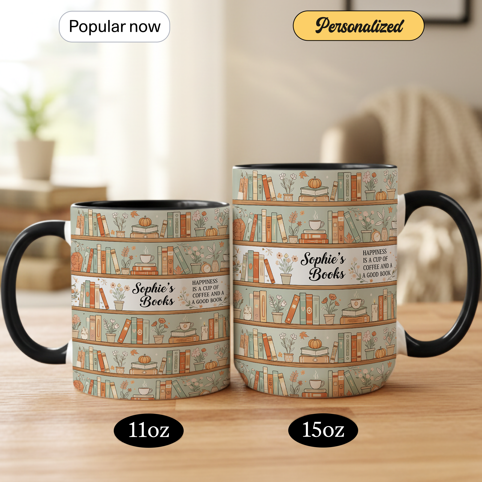 Personalized Book Lover Mug – Custom Name Bookshelf Coffee Cup – Happiness Is Coffee and a Good Book – 11oz 15oz Ringer Mug |Mug 123