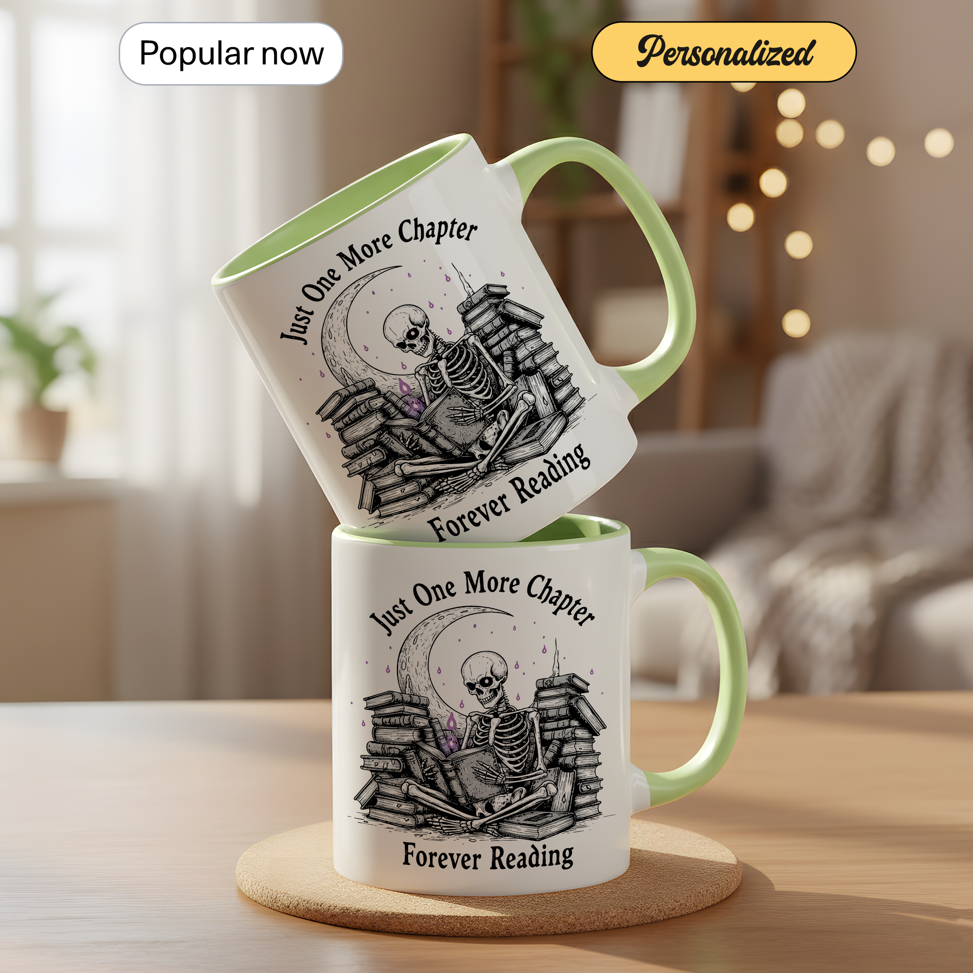 Just One More Chapter Mug – Forever Reading Skeleton Mug – Gothic Book Lover Gift – Dark Humor Reader Coffee Cup 11oz 15oz | Mug 117