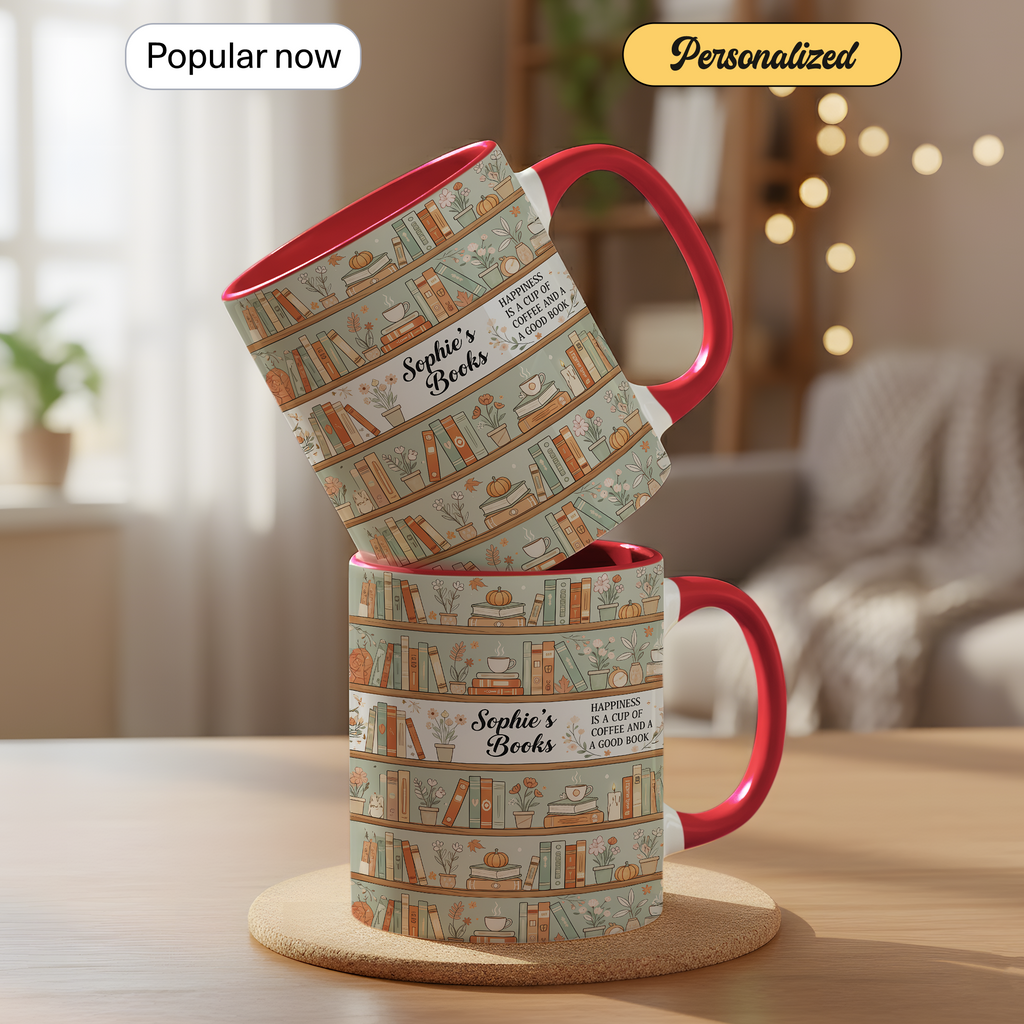 Personalized Book Lover Mug – Custom Name Bookshelf Coffee Cup – Happiness Is Coffee and a Good Book – 11oz 15oz Ringer Mug |Mug 123