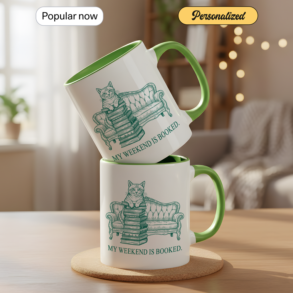 My Weekend Is Booked Mug – Cat Reading Coffee Cup – Book Lover Gift – Funny Introvert Mug – 11oz 15oz Ringer Mug |Mug 134