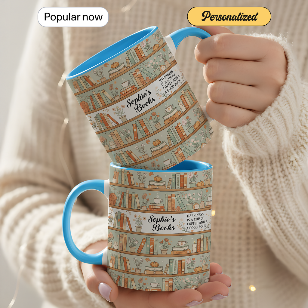 Personalized Book Lover Mug – Custom Name Bookshelf Coffee Cup – Happiness Is Coffee and a Good Book – 11oz 15oz Ringer Mug |Mug 123