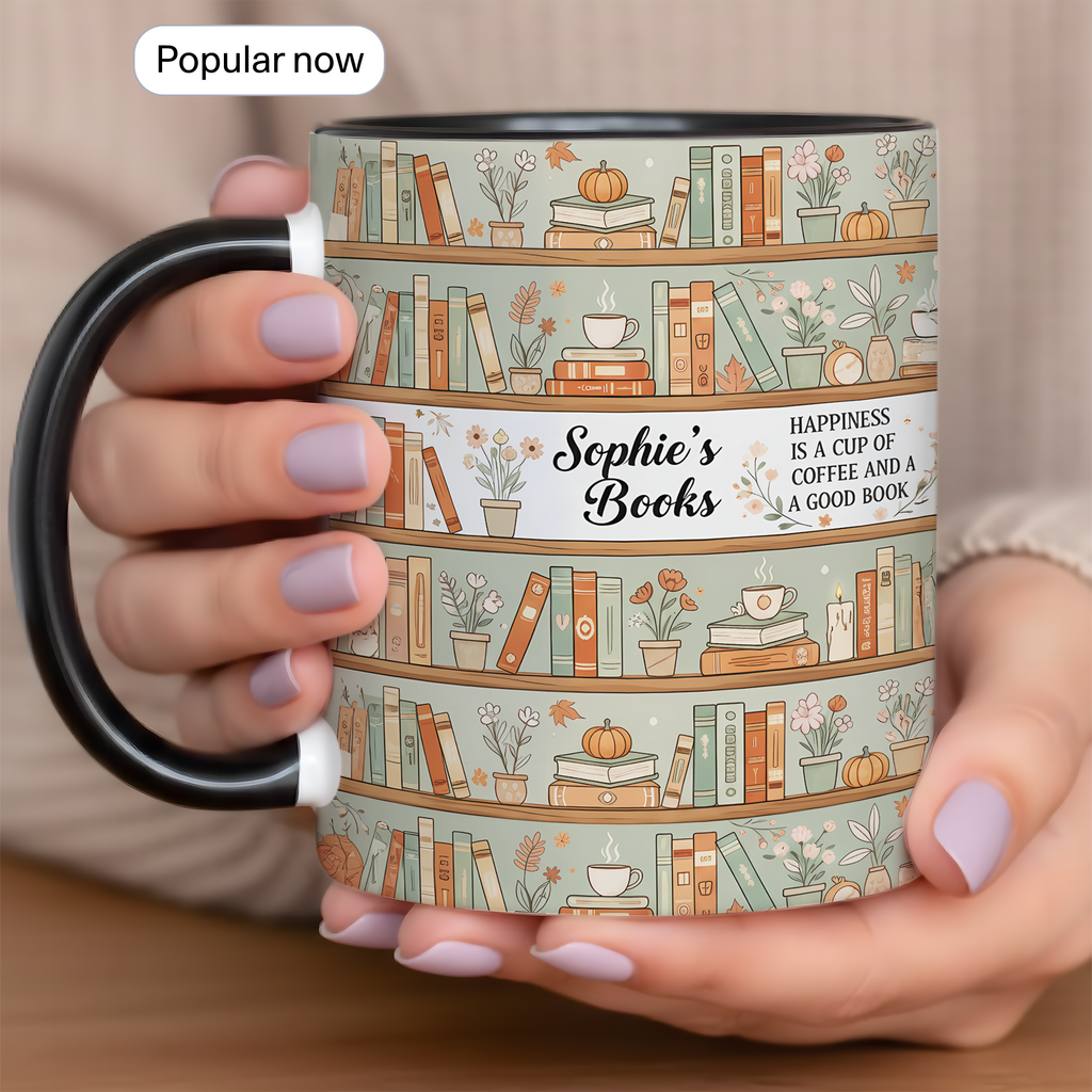 Personalized Book Lover Mug – Custom Name Bookshelf Coffee Cup – Happiness Is Coffee and a Good Book – 11oz 15oz Ringer Mug |Mug 123